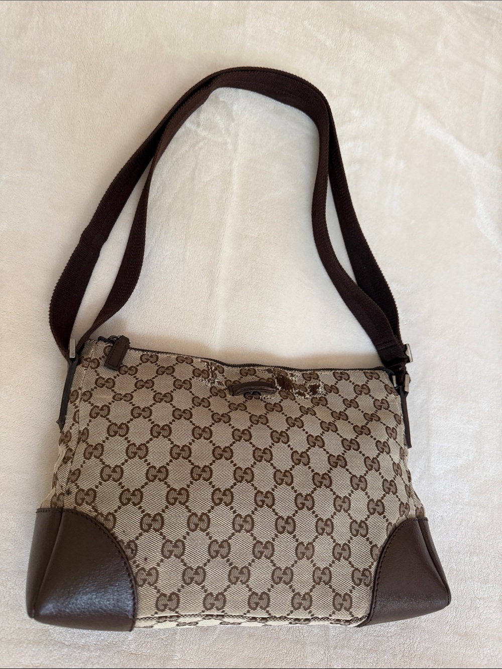 Authentic Gucci Shoulder Bag Gucci Crossbody Canvas with Brown leather Trim